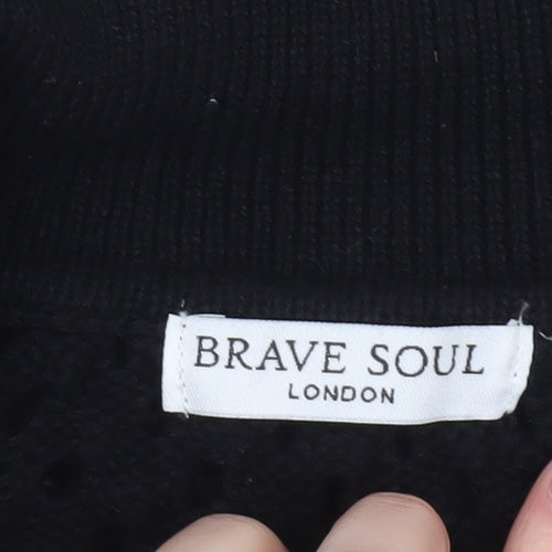 Brave Soul Women's Black Open Knit Collared Henley Jumper L