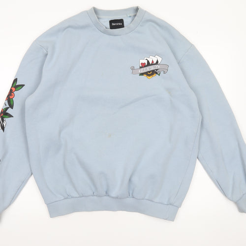 Bershka Men’s Blue Graphic Print Pullover Sweatshirt Size M