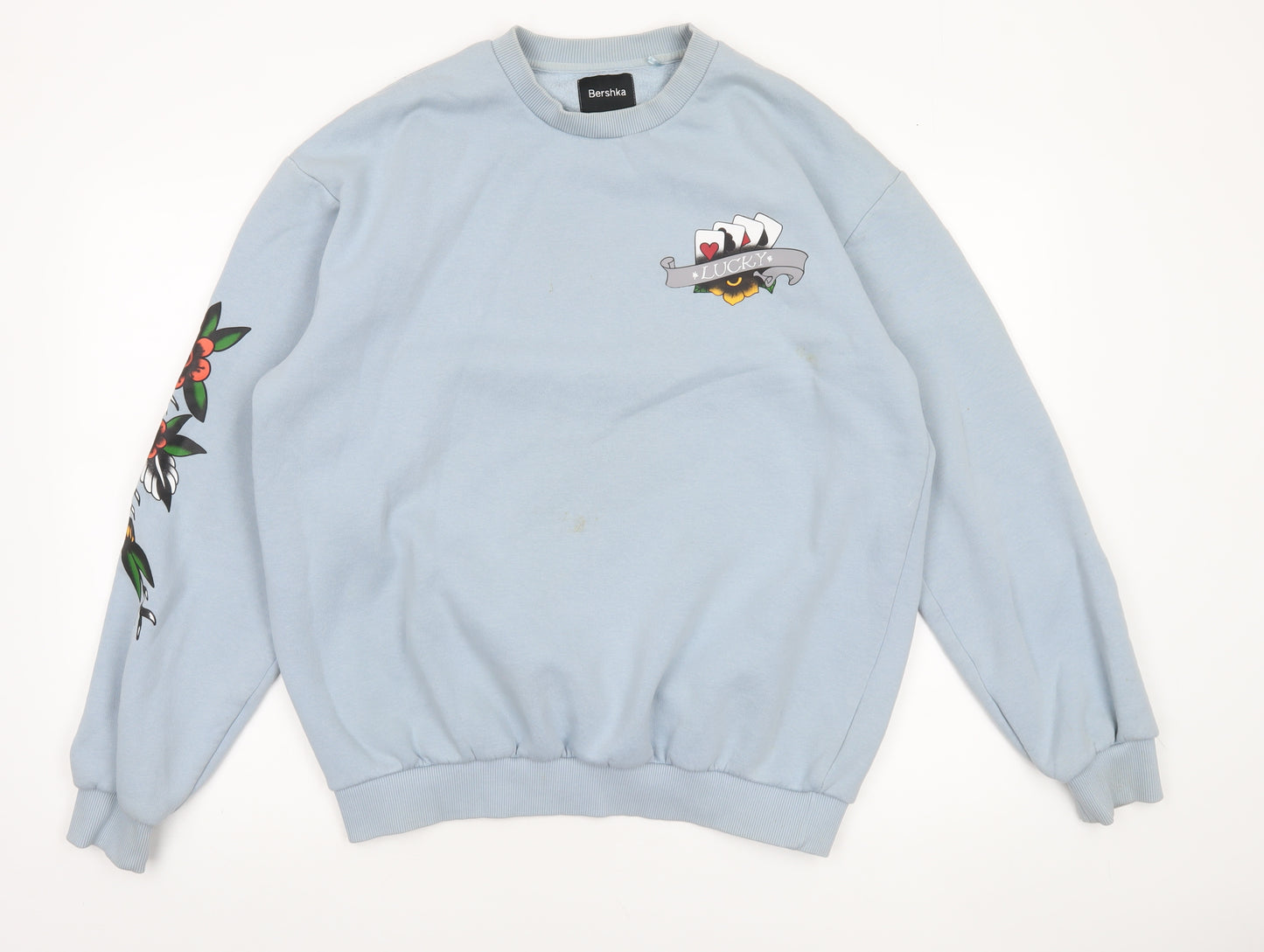 Bershka Men’s Blue Graphic Print Pullover Sweatshirt Size M