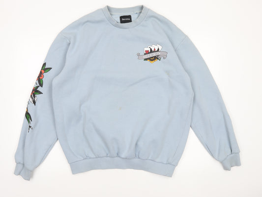 Bershka Men’s Blue Graphic Print Pullover Sweatshirt Size M