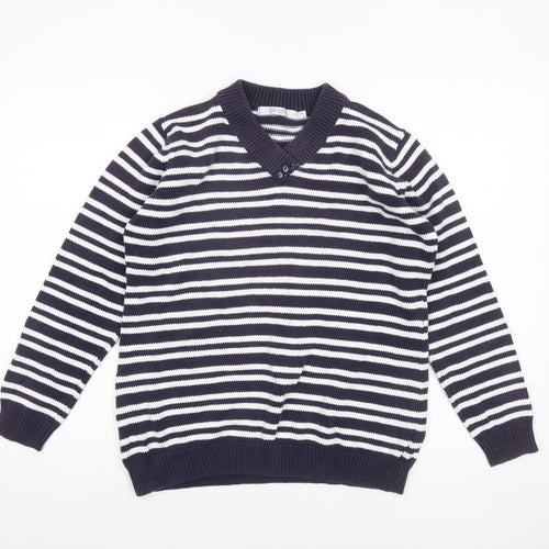 EWM Women's Blue Striped Cotton V-Neck Jumper Size M 14-16