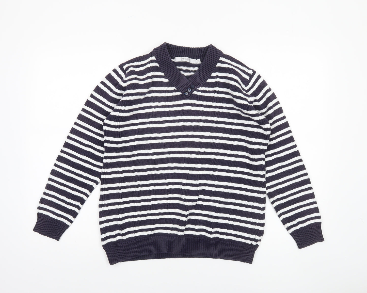 EWM Women's Blue Striped Cotton V-Neck Jumper Size M 14-16
