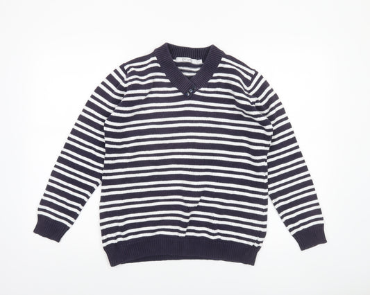 EWM Women's Blue Striped Cotton V-Neck Jumper Size M 14-16