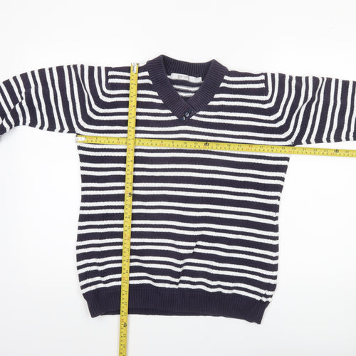 EWM Women's Blue Striped Cotton V-Neck Jumper Size M 14-16