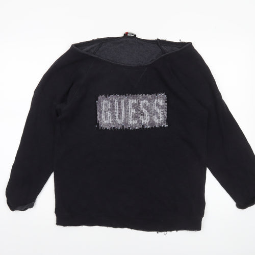 Guess Womens Black Sequin Logo Long Sleeve Jersey Top UK 12
