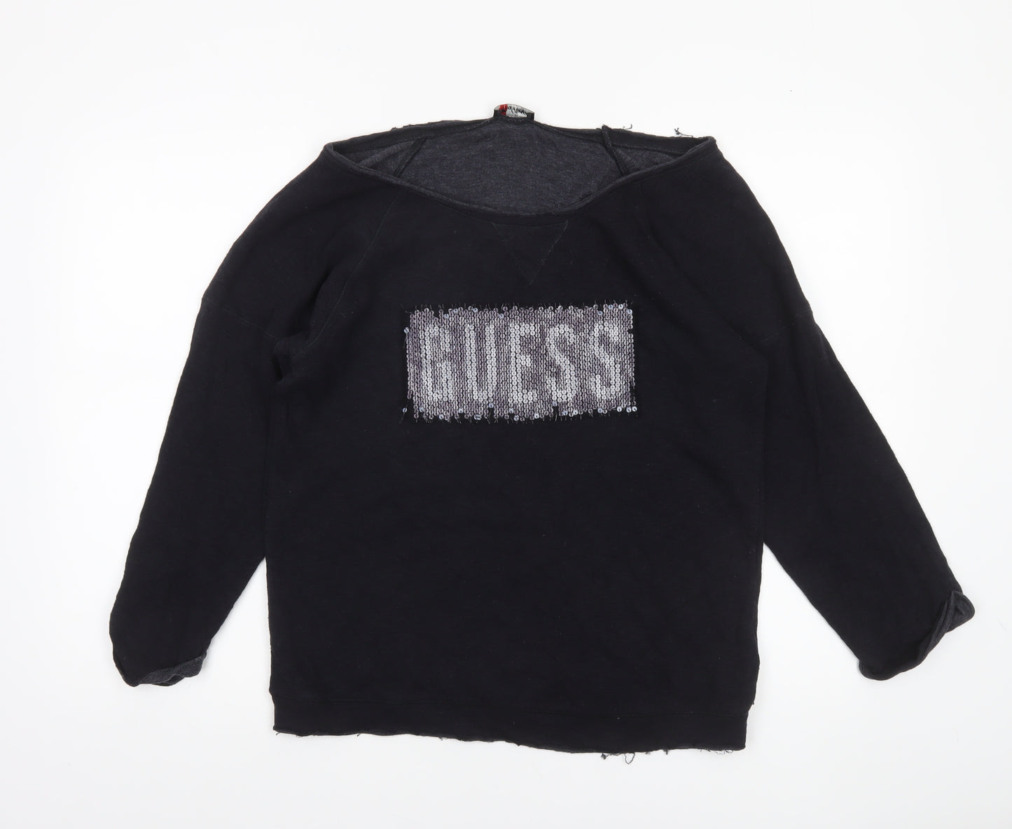 Guess Womens Black Sequin Logo Long Sleeve Jersey Top UK 12