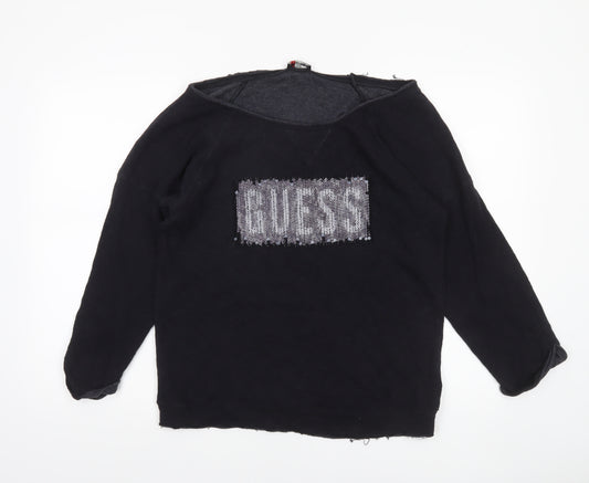 Guess Womens Black Sequin Logo Long Sleeve Jersey Top UK 12