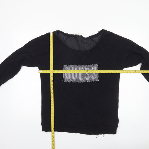 Guess Womens Black Sequin Logo Long Sleeve Jersey Top UK 12