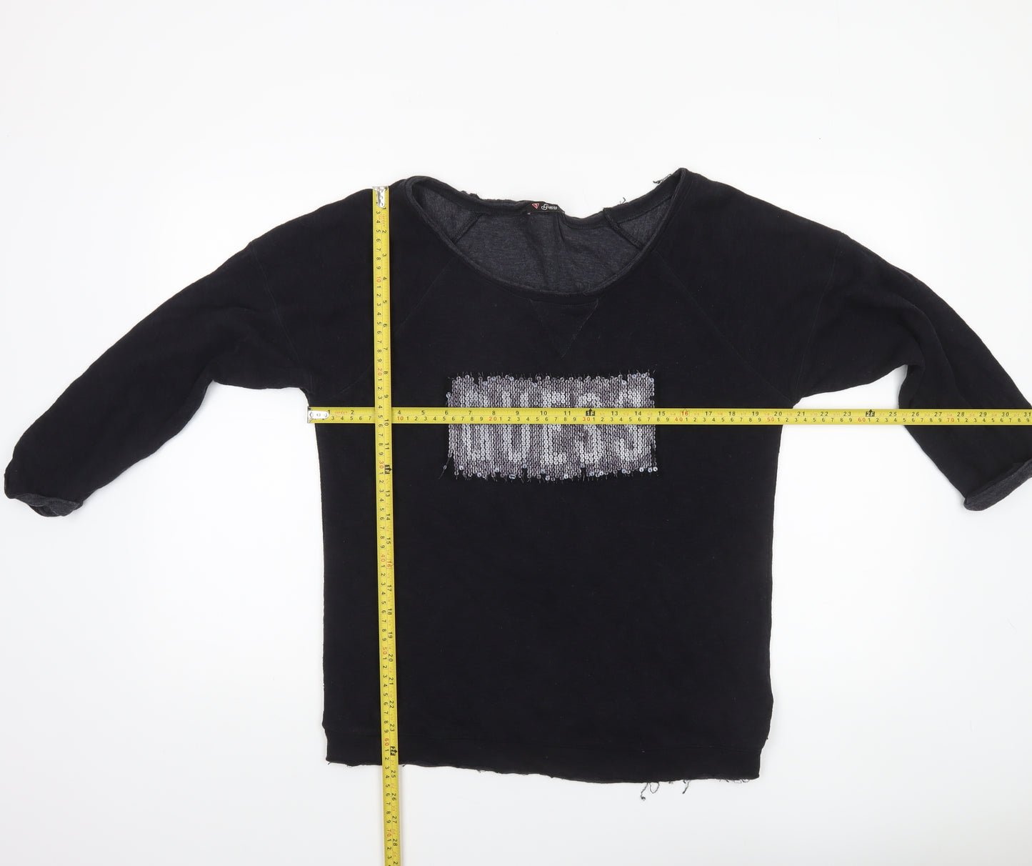 Guess Womens Black Sequin Logo Long Sleeve Jersey Top UK 12