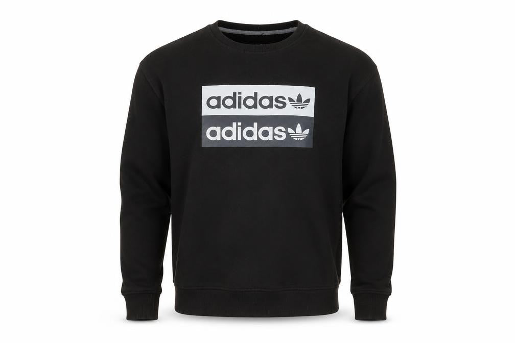 Front view of Adidas men’s black crew neck graphic logo sweatshirt, size S