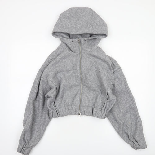 Zara Women Grey Full Zip Hooded Sweatshirt XS Polyester Lined