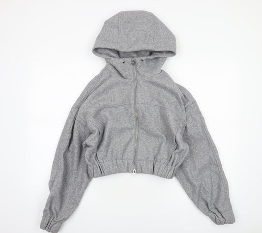 Zara Women Grey Full Zip Hooded Sweatshirt XS Polyester Lined