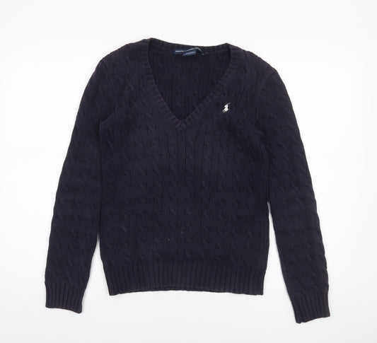 Ralph Lauren Women’s Blue Cable-Knit V-Neck Cotton Jumper Size M
