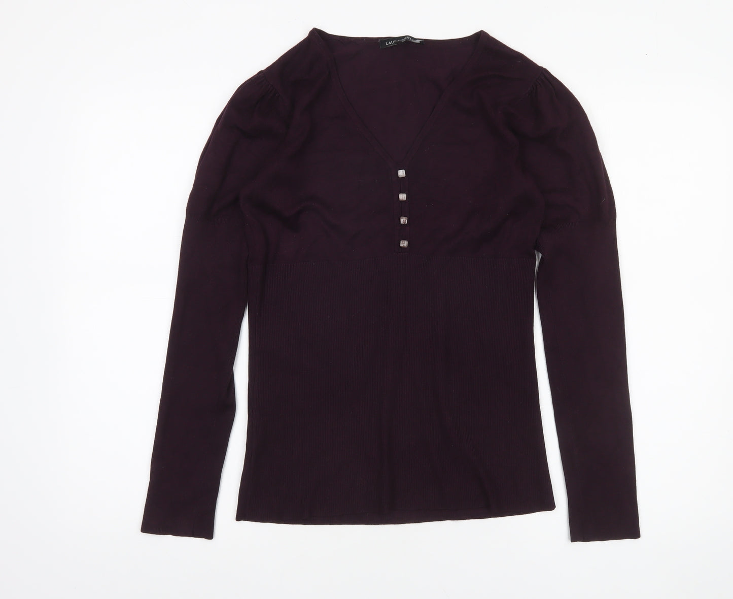 Laura Ashley Womens Purple V-Neck Long Sleeve Pullover Jumper Size 12