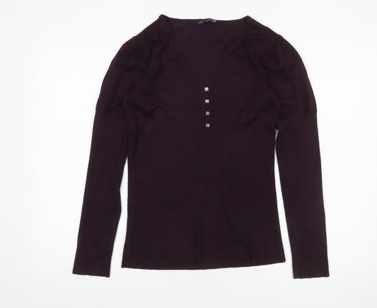 Laura Ashley Womens Purple V-Neck Long Sleeve Pullover Jumper Size 12