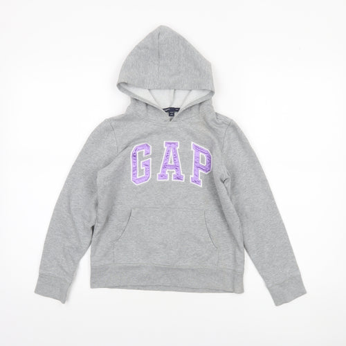 GAP Girls Grey Logo Pullover Hoodie L 10-11 Years Cotton Blend