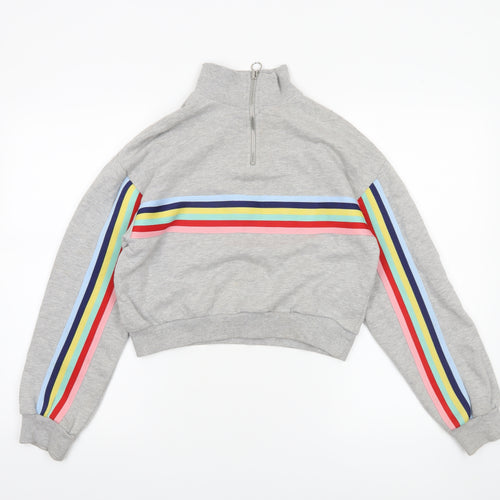 Bershka Women Grey Rainbow Stripe 1/4 Zip Sweatshirt XS