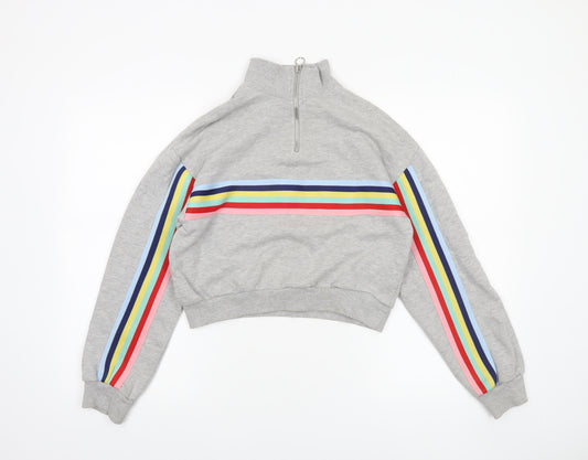 Bershka Women Grey Rainbow Stripe 1/4 Zip Sweatshirt XS