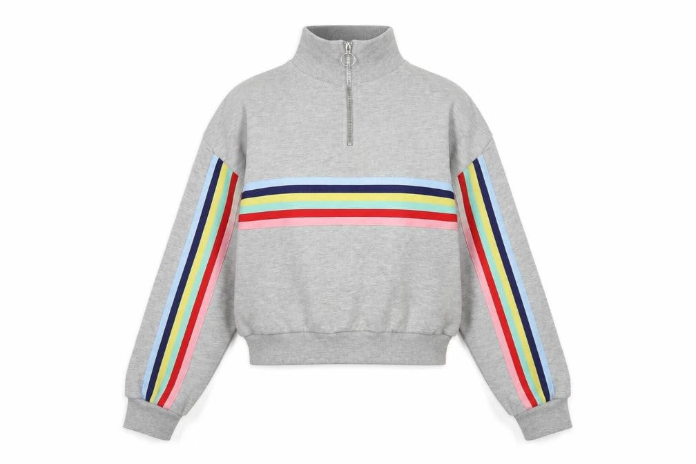 Front view of Bershka Women Grey Rainbow Stripe 1/4 Zip Sweatshirt XS