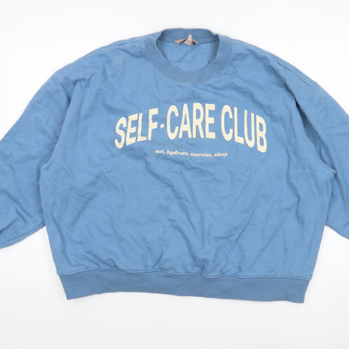 H&M Women’s Blue Cotton Pullover Sweatshirt Size 14 Self-Care Club Print