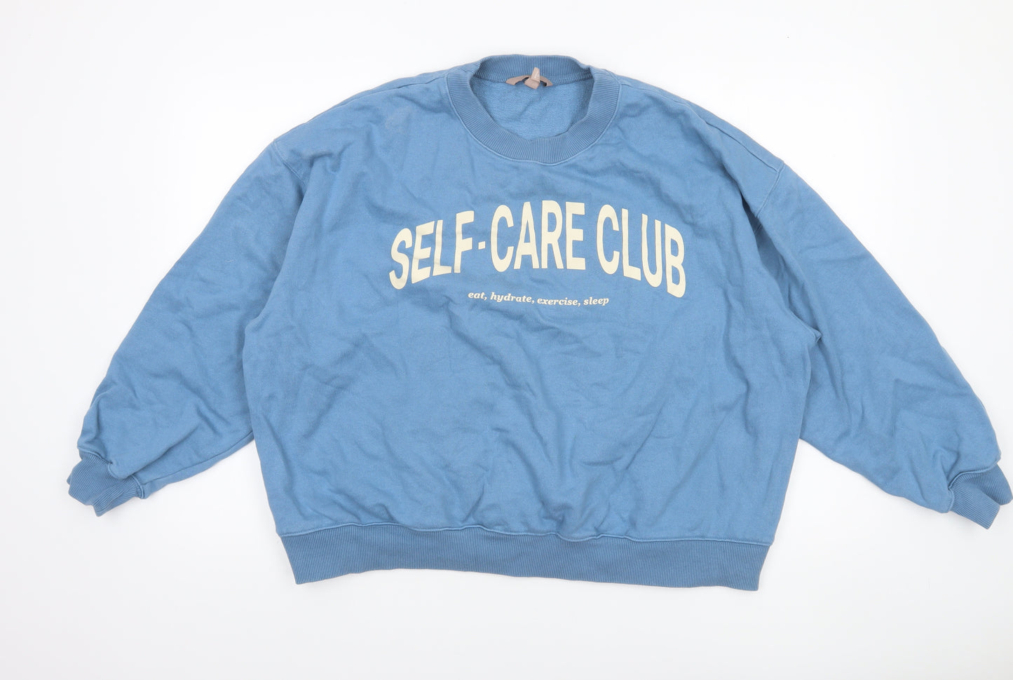H&M Women’s Blue Cotton Pullover Sweatshirt Size 14 Self-Care Club Print