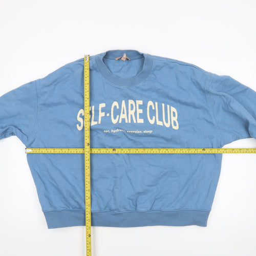 H&M Women’s Blue Cotton Pullover Sweatshirt Size 14 Self-Care Club Print