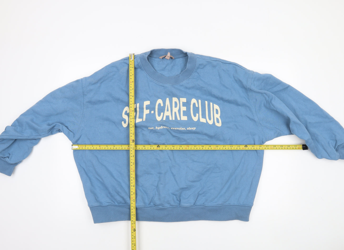 H&M Women’s Blue Cotton Pullover Sweatshirt Size 14 Self-Care Club Print