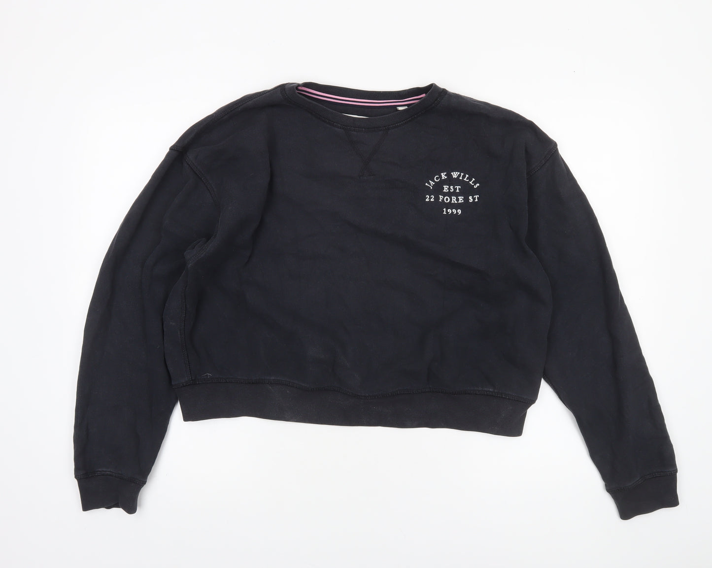 Jack Wills Women Black Size 14 Pullover Sweatshirt 100% Cotton Crew Neck