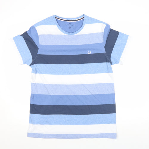 Lincoln Men's Blue Striped Crew Neck Cotton Blend T-Shirt Medium
