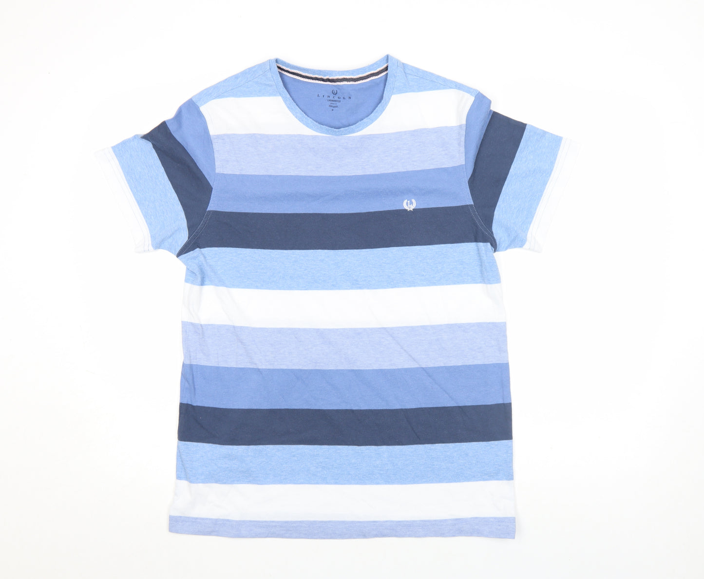 Lincoln Men's Blue Striped Crew Neck Cotton Blend T-Shirt Medium