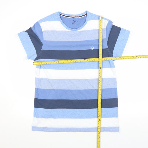 Lincoln Men's Blue Striped Crew Neck Cotton Blend T-Shirt Medium