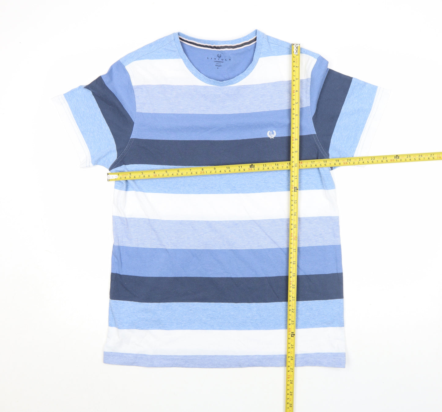 Lincoln Men's Blue Striped Crew Neck Cotton Blend T-Shirt Medium