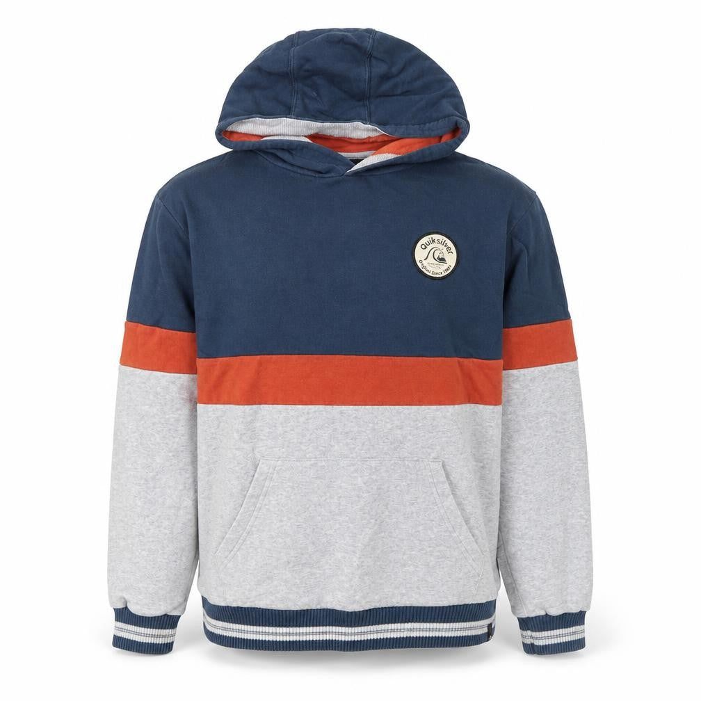 Front view of Quiksilver boys’ blue grey colourblock pullover hoodie, size 16, cotton blend