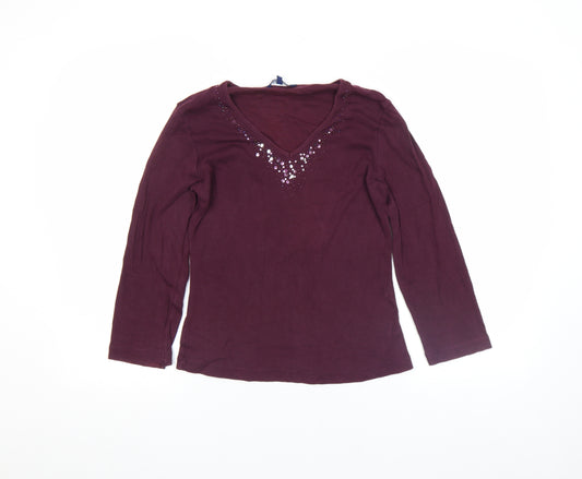 Casual Club Women's Purple Cotton Long Sleeve Beaded V-Neck Top Size 12