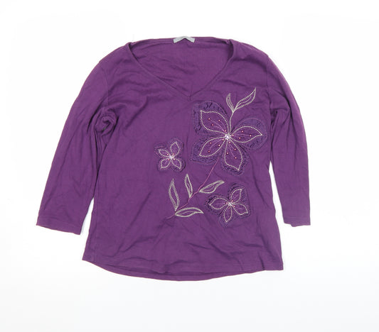 Marks and Spencer Women’s Purple Embroidered Floral V-Neck Cotton Top UK 12