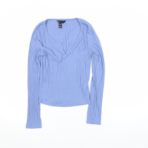 New Look Women’s Blue Ribbed Long Sleeve V-Neck Slim Fit Top Size 8
