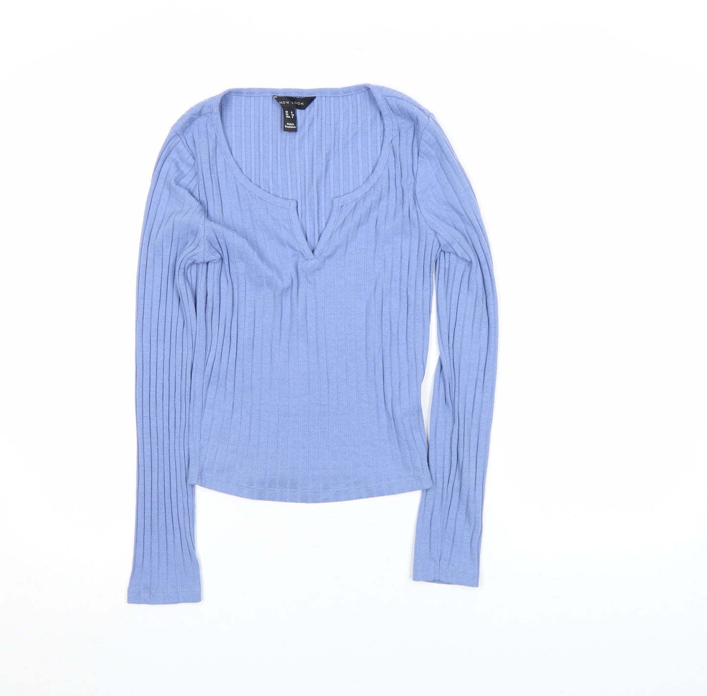 New Look Women’s Blue Ribbed Long Sleeve V-Neck Slim Fit Top Size 8