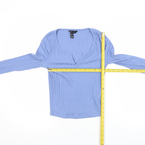 New Look Women’s Blue Ribbed Long Sleeve V-Neck Slim Fit Top Size 8