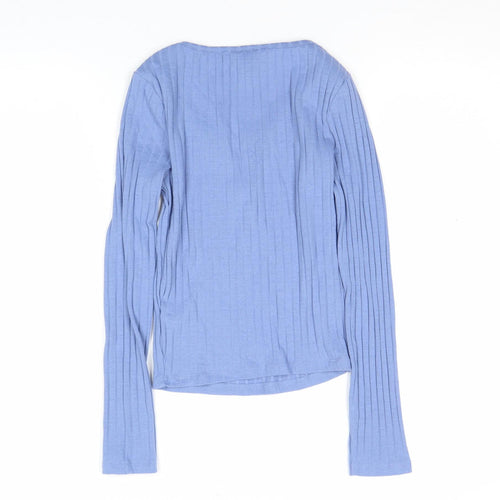 New Look Women’s Blue Ribbed Long Sleeve V-Neck Slim Fit Top Size 8