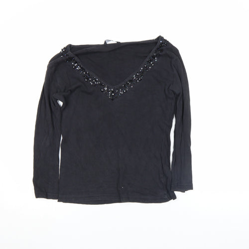 Evie Women's Black Beaded V-Neck Long Sleeve Cotton Top Size 10