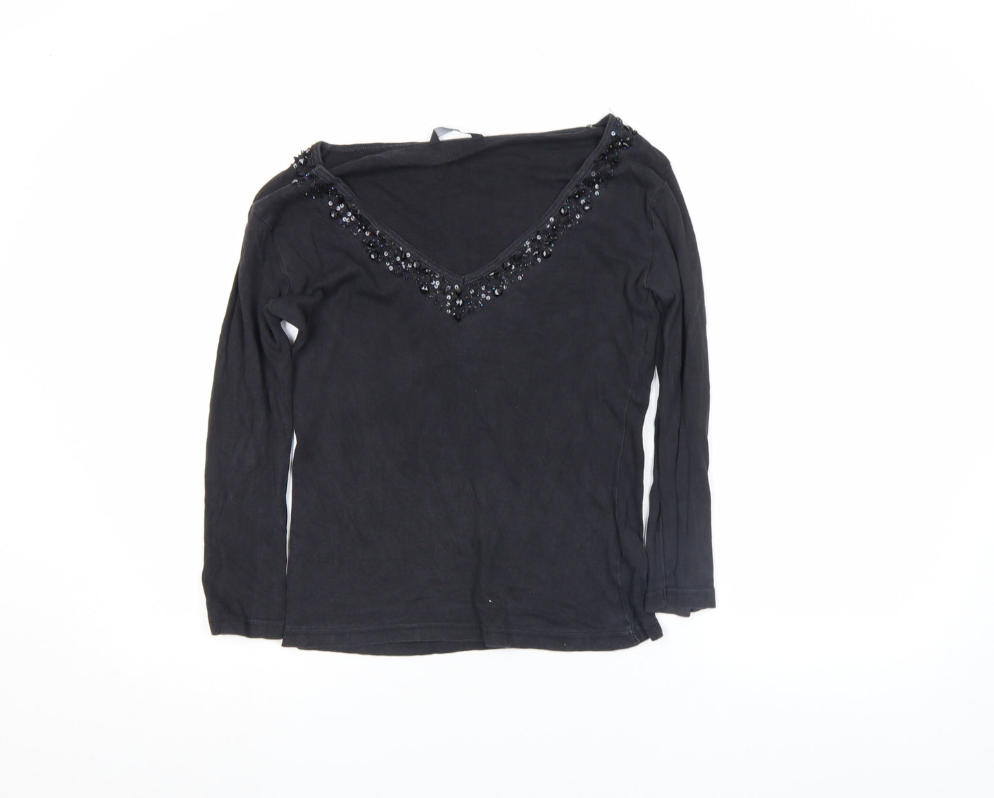 Evie Women's Black Beaded V-Neck Long Sleeve Cotton Top Size 10