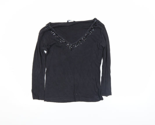 Evie Women's Black Beaded V-Neck Long Sleeve Cotton Top Size 10