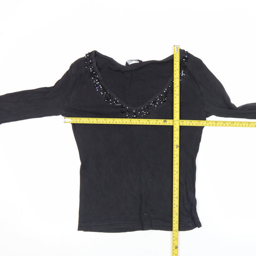 Evie Women's Black Beaded V-Neck Long Sleeve Cotton Top Size 10