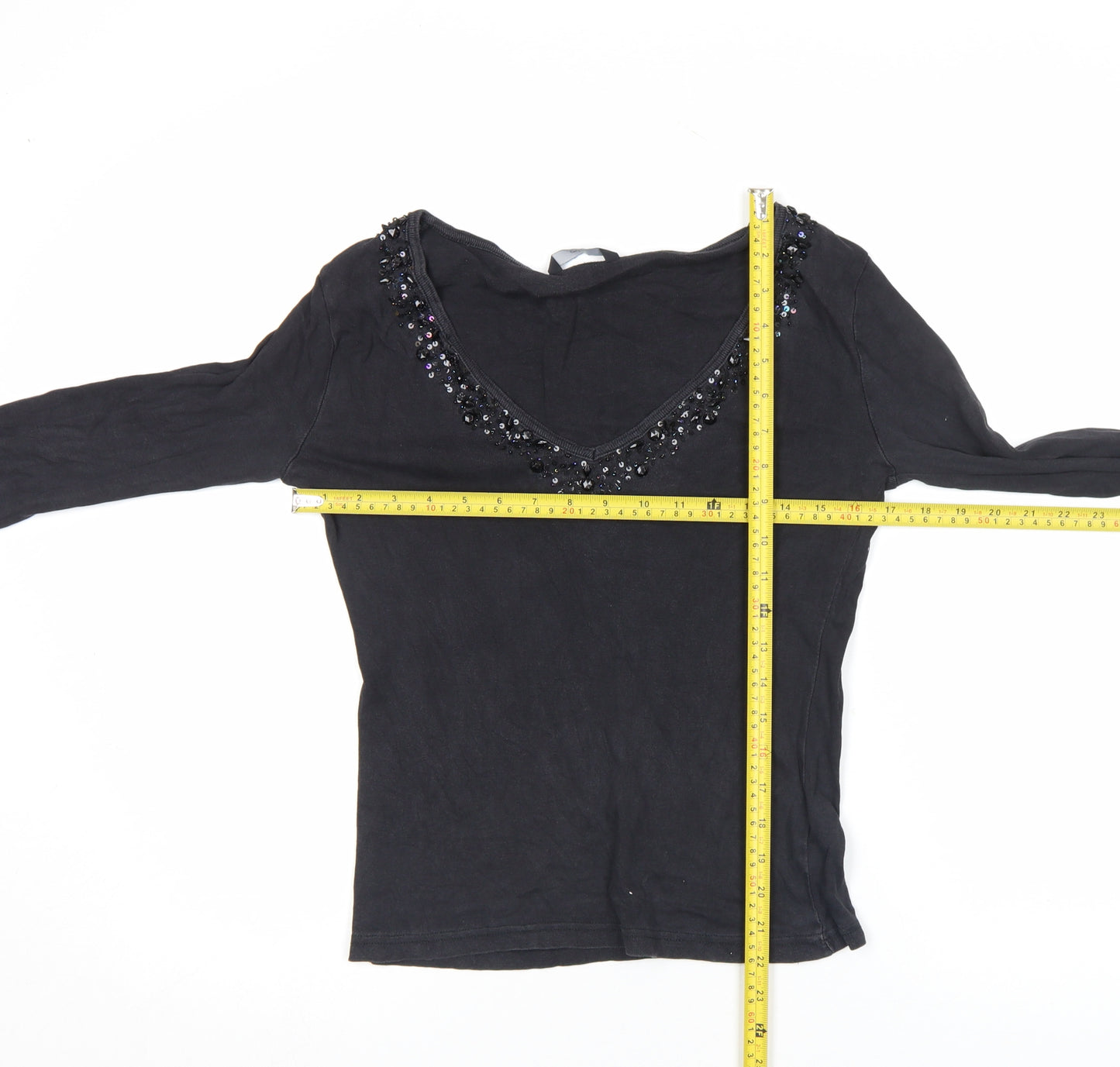 Evie Women's Black Beaded V-Neck Long Sleeve Cotton Top Size 10