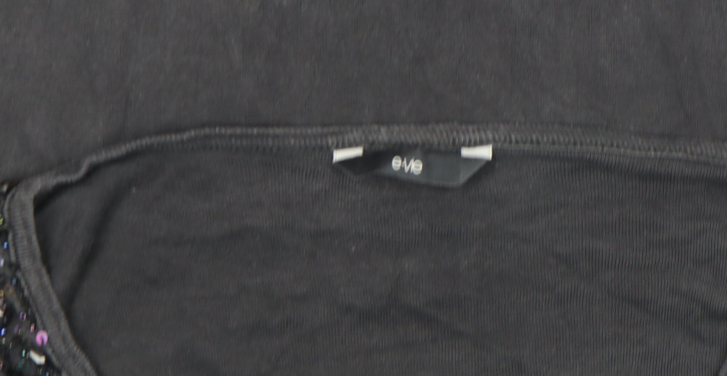 Evie Women's Black Beaded V-Neck Long Sleeve Cotton Top Size 10