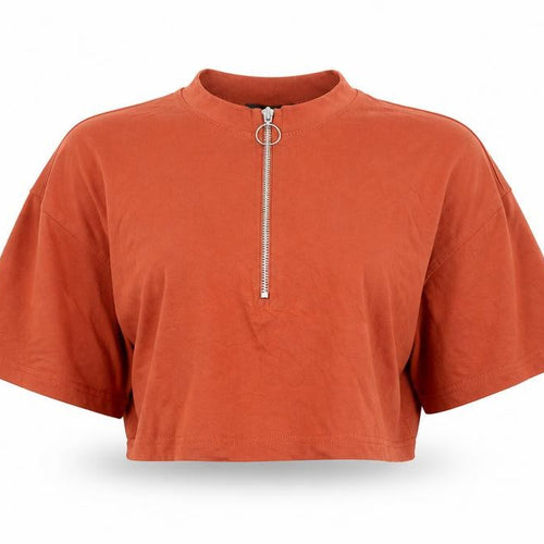 Missguided Women Brown Cropped Zip T-Shirt Size 8