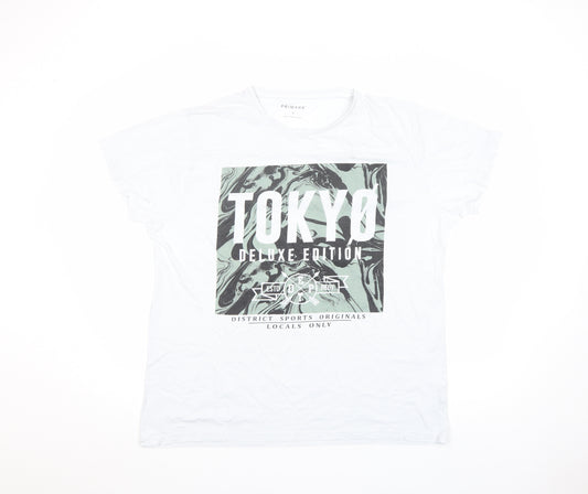 Primark Men White XL Tokyo Graphic Print Short Sleeve T-Shirt