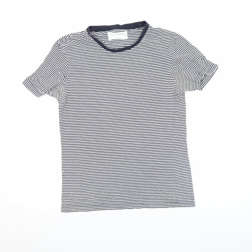 Zara Women Blue Striped Relaxed Fit Cotton T-Shirt Size S