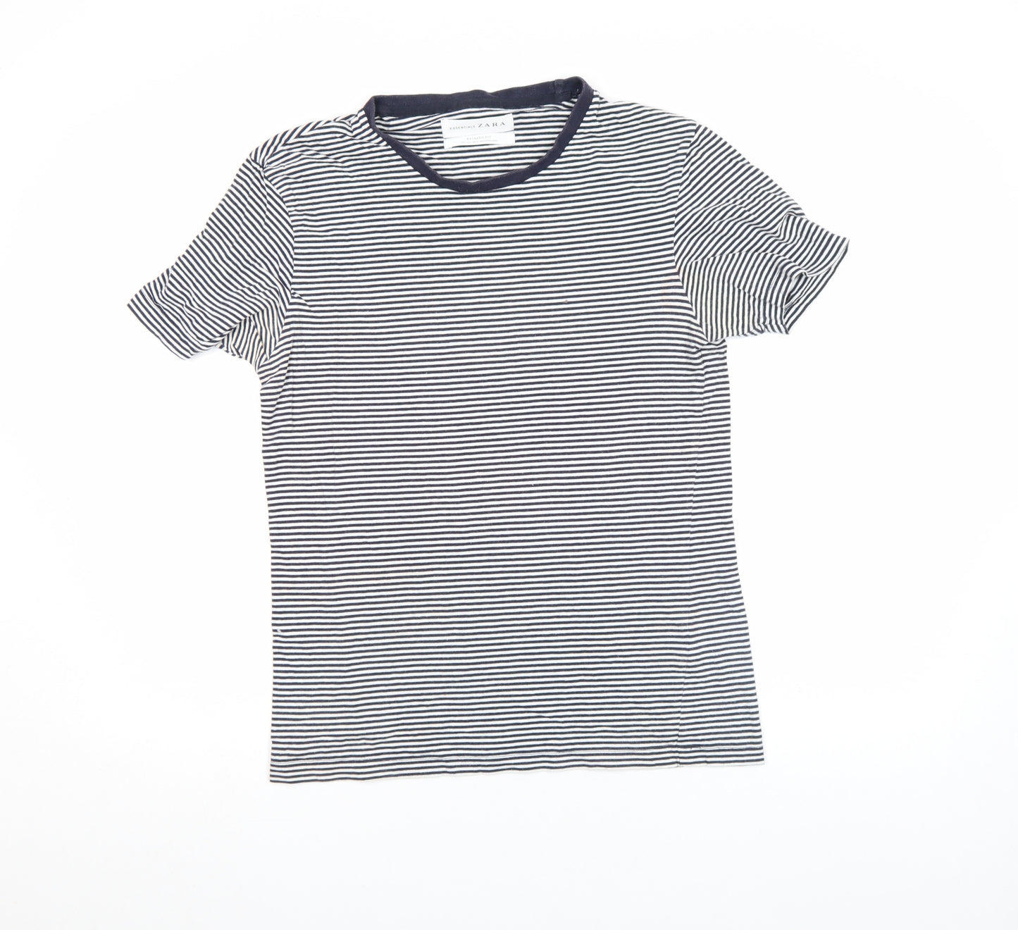 Zara Women Blue Striped Relaxed Fit Cotton T-Shirt Size S