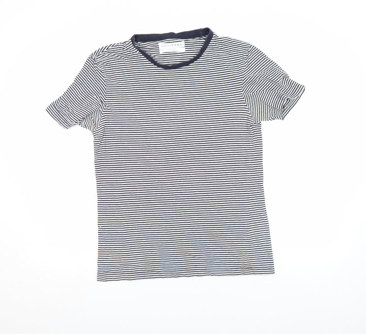 Zara Women Blue Striped Relaxed Fit Cotton T-Shirt Size S